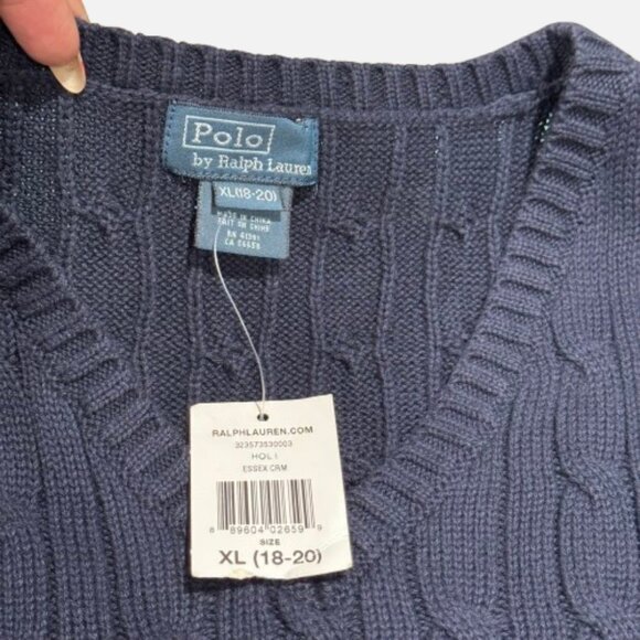 POLO by Ralph Lauren Schoolboy Blue Cable Knit Vest Sweater (Size L 18/20Y) - Picture 4 of 7